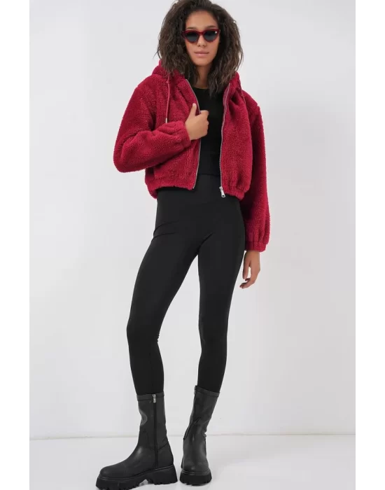 5193 Kapüşonlu Peluş Crop Ceket - Bordo