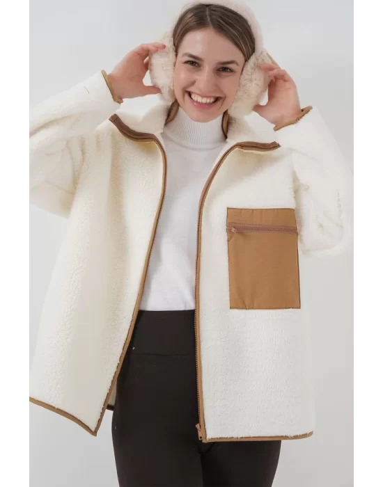 55446 Fermuarlı Oversize Peluş Ceket Mont - Camel