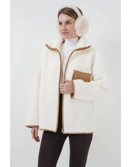 55446 Fermuarlı Oversize Peluş Ceket Mont - Camel