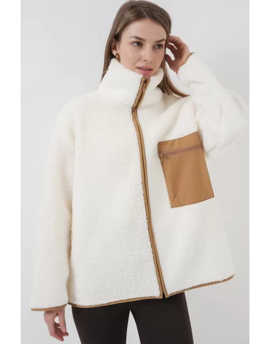 55446 Fermuarlı Oversize Peluş Ceket Mont - Camel
