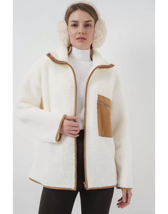 55446 Fermuarlı Oversize Peluş Ceket Mont - Camel