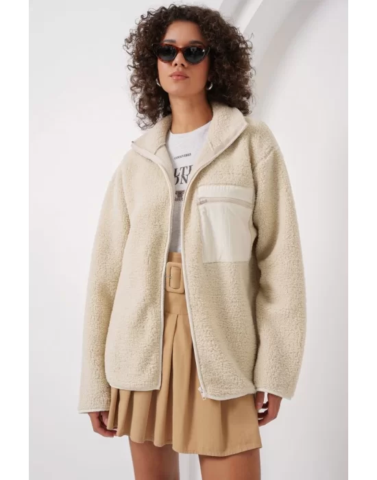 55446 Fermuarlı Oversize Peluş Ceket Mont - Krem