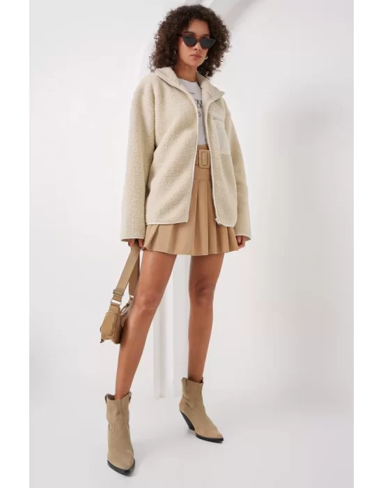 55446 Fermuarlı Oversize Peluş Ceket Mont - Krem