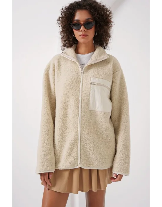 55446 Fermuarlı Oversize Peluş Ceket Mont - Krem
