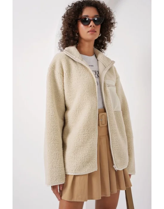 55446 Fermuarlı Oversize Peluş Ceket Mont - Krem