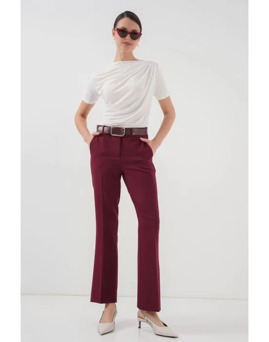 6538 Kemerli İspanyol Paça Pantolon - Bordo