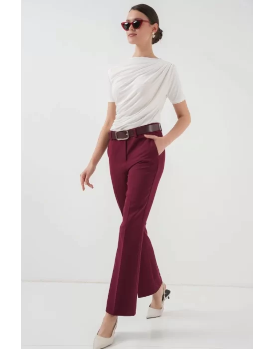 6538 Kemerli İspanyol Paça Pantolon - Bordo