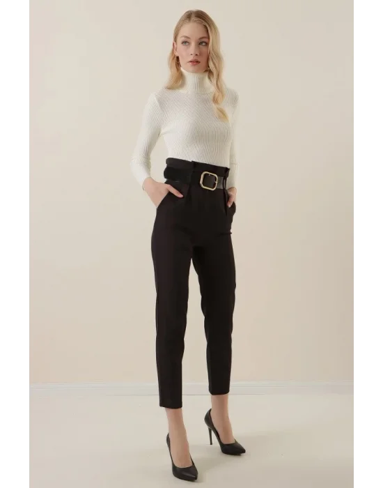 6556 Kemerli Kumaş Pantolon - Siyah