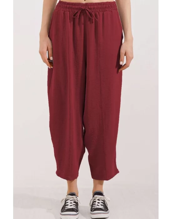 6591 Dokuma Şalvar Pantolon - Bordo