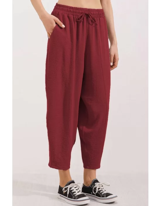 6591 Dokuma Şalvar Pantolon - Bordo