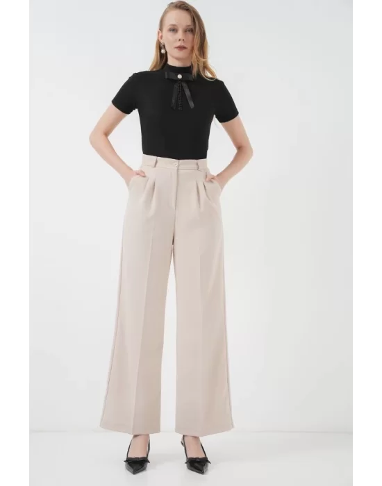 6647 Bol Paça Kumaş Pantolon - Krem