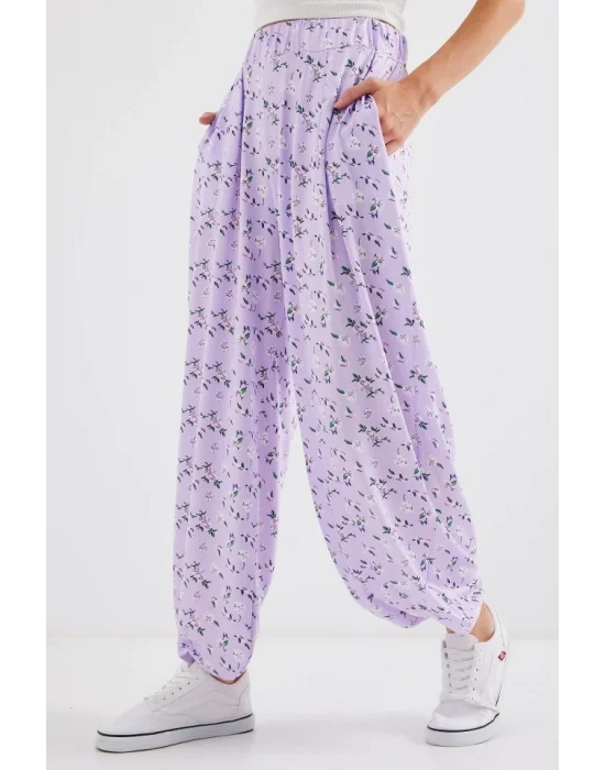 6665 Desenli Şalvar Pantolon - Lila
