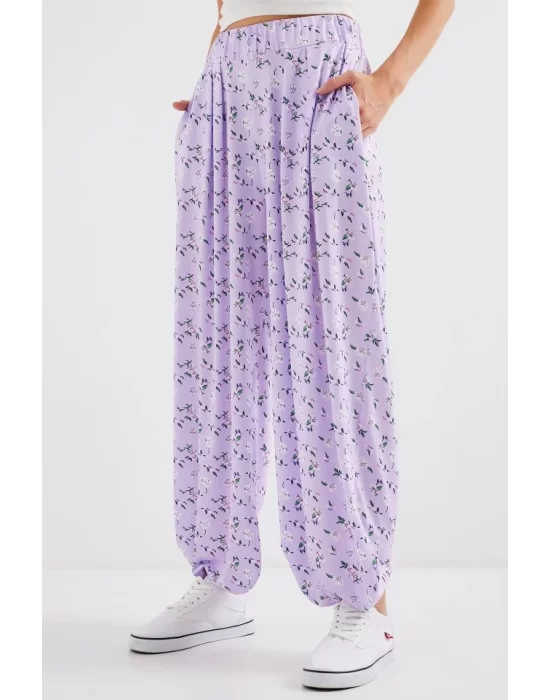 6665 Desenli Şalvar Pantolon - Lila