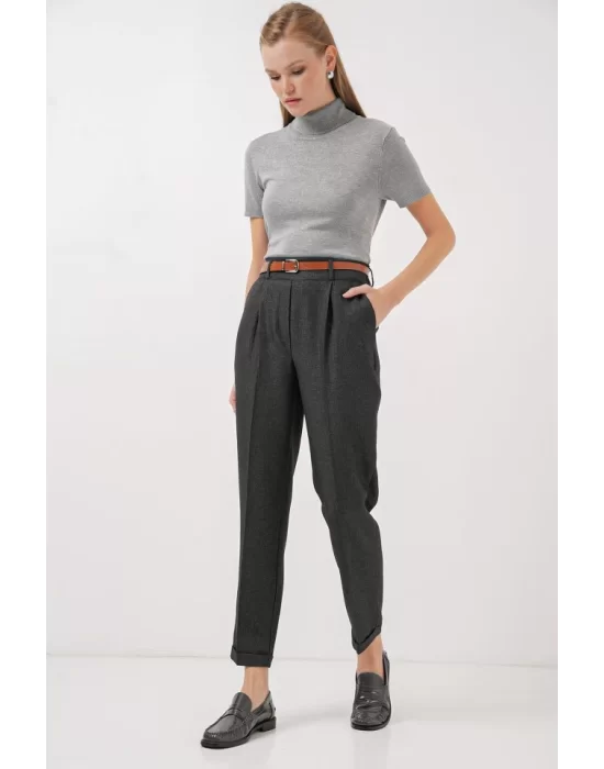 6686 Pileli Kemerli Kumaş Pantolon - Füme