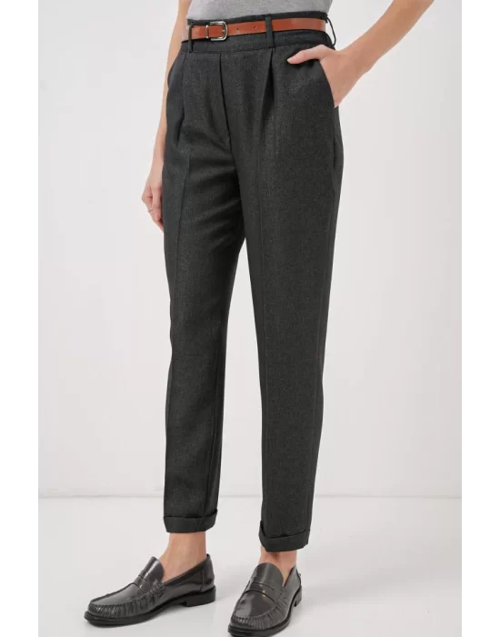 6686 Pileli Kemerli Kumaş Pantolon - Füme