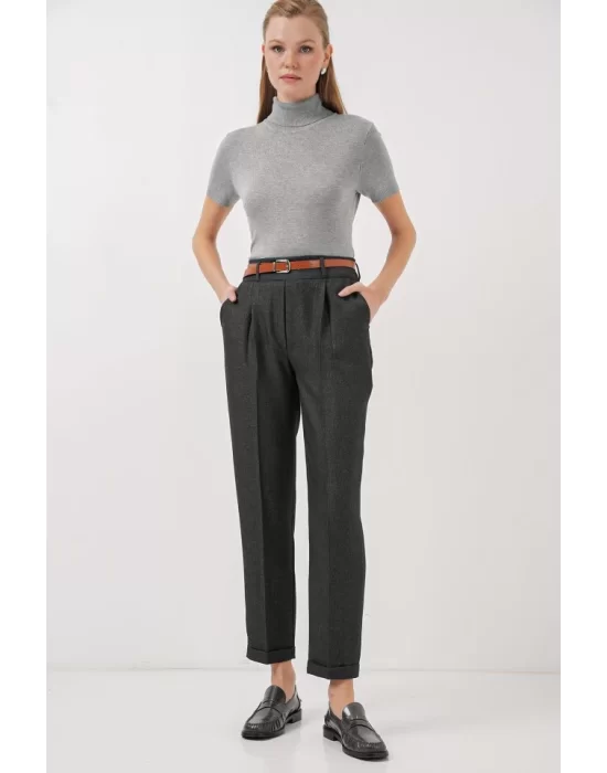 6686 Pileli Kemerli Kumaş Pantolon - Füme