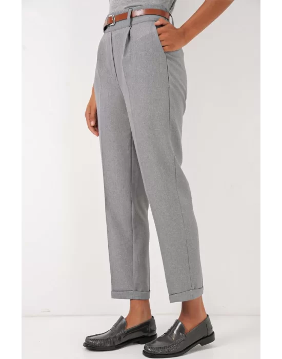 6686 Pileli Kemerli Kumaş Pantolon - Gri