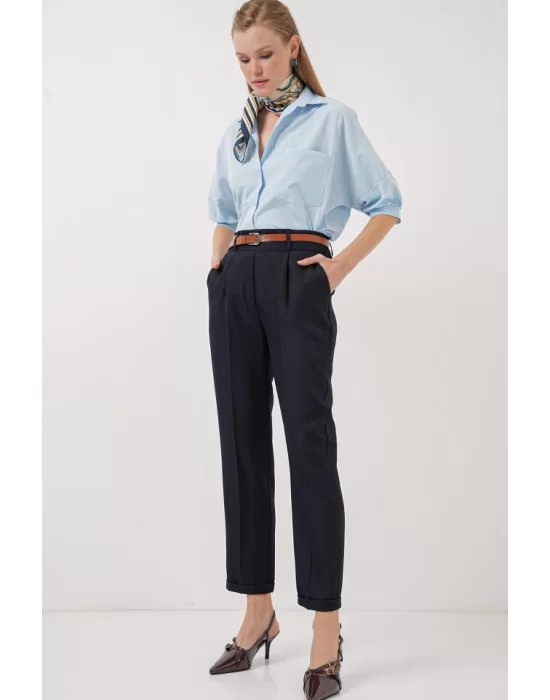 6686 Pileli Kemerli Kumaş Pantolon - Lacivert