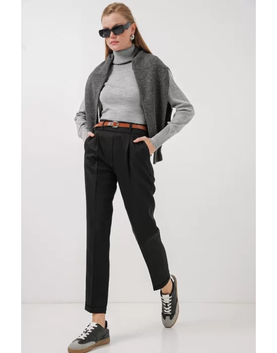 6686 Pileli Kemerli Kumaş Pantolon - Siyah