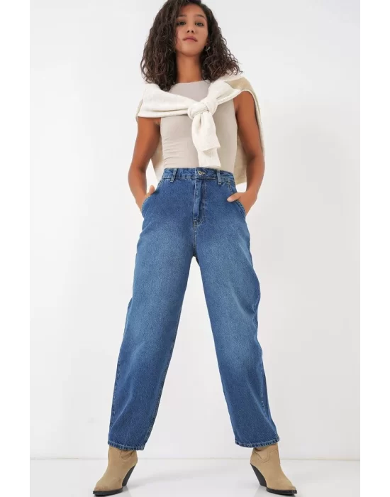 6688 Yüksek Bel Baggy Kot Pantolon - Lacivert