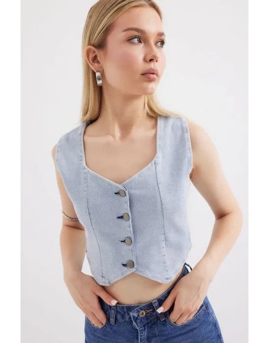 6797 Crop Kot Yelek - Mavi