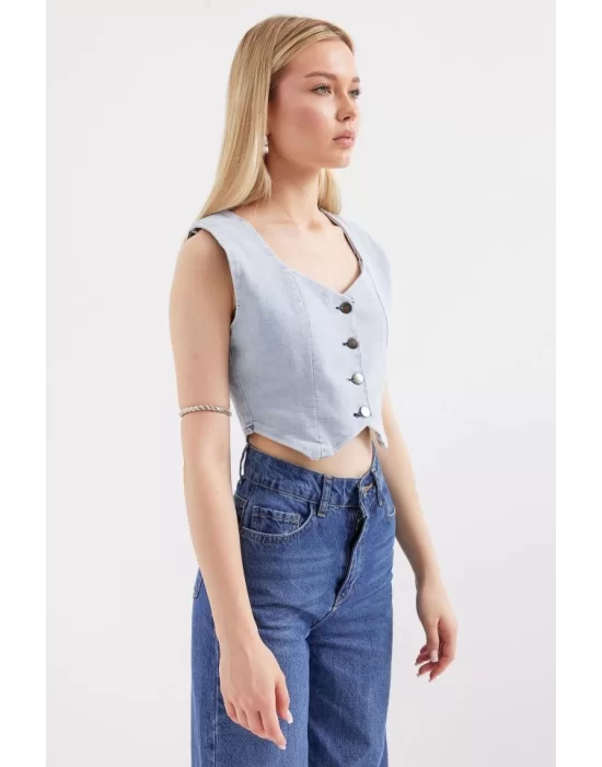 6797 Crop Kot Yelek - Mavi