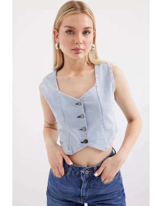 6797 Crop Kot Yelek - Mavi