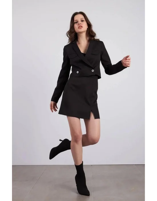 Kadın Siyah Yüksek Bel Yırtmaçlı Klasik Düz Kısa Mini Etek