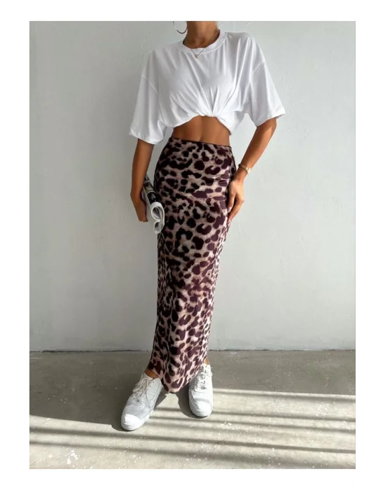 Kadın Kahverengi Yüksek Bel Leopar Desenli Uzun Midi Boy Kumaş Etek