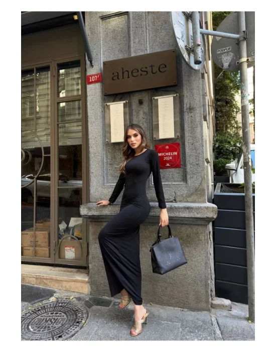 Kadın Siyah Uzun Kollu Elbise Sandy Kumaş