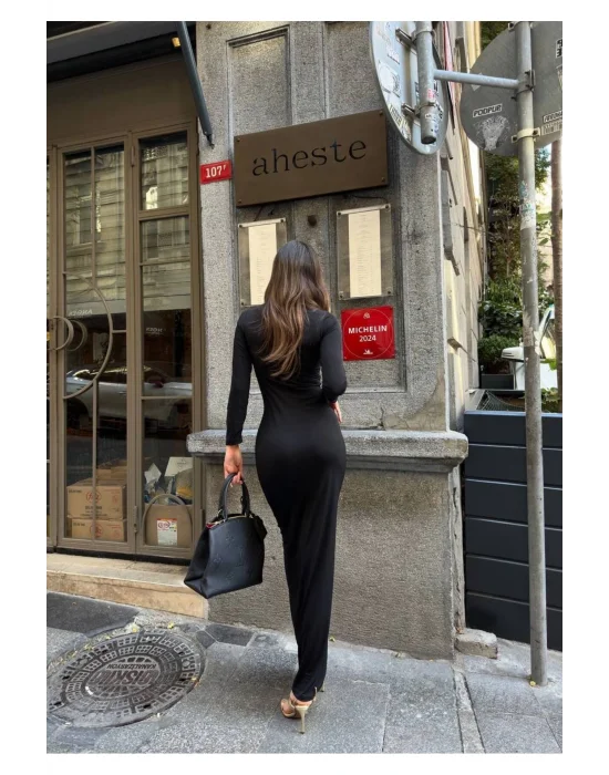 Kadın Siyah Uzun Kollu Elbise Sandy Kumaş