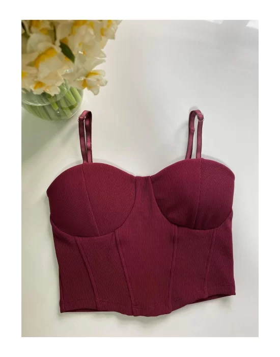 Kadın Bordo İp Askılı Büstiyer Crop