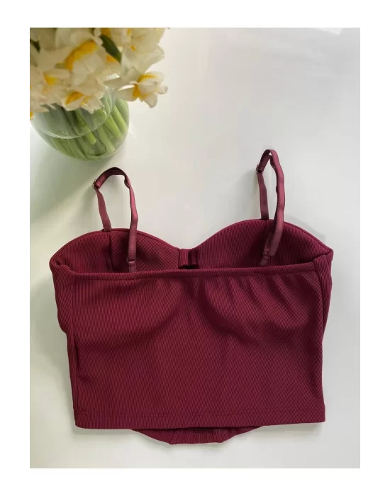 Kadın Bordo İp Askılı Büstiyer Crop