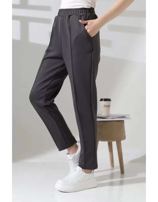 Kadın Koyu Gri Yüksek Bel Lastik Düz Renk Cepli Çizgili Bilek Boy Scuba Kumaş Jogger Pantolon