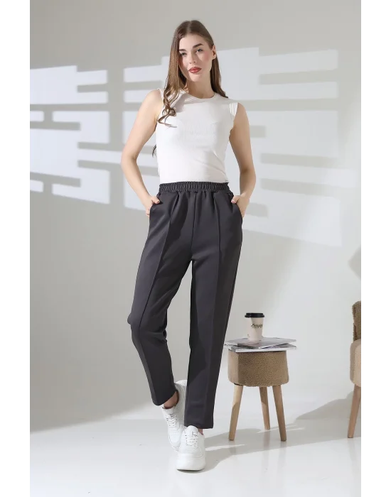 Kadın Koyu Gri Yüksek Bel Lastik Düz Renk Cepli Çizgili Bilek Boy Scuba Kumaş Jogger Pantolon