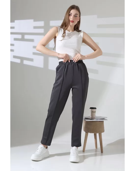 Kadın Koyu Gri Yüksek Bel Lastik Düz Renk Cepli Çizgili Bilek Boy Scuba Kumaş Jogger Pantolon