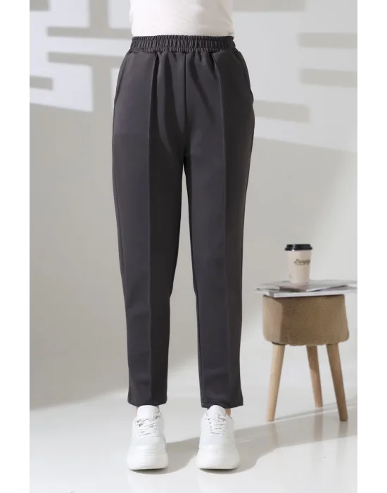 Kadın Koyu Gri Yüksek Bel Lastik Düz Renk Cepli Çizgili Bilek Boy Scuba Kumaş Jogger Pantolon