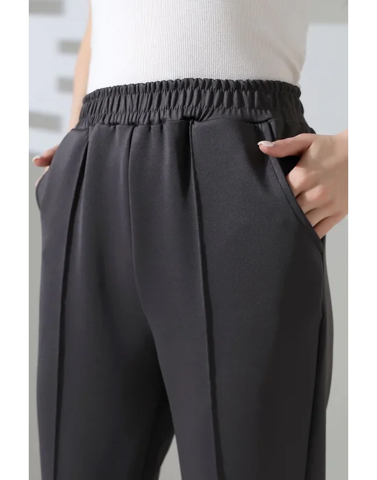 Kadın Koyu Gri Yüksek Bel Lastik Düz Renk Cepli Çizgili Bilek Boy Scuba Kumaş Jogger Pantolon