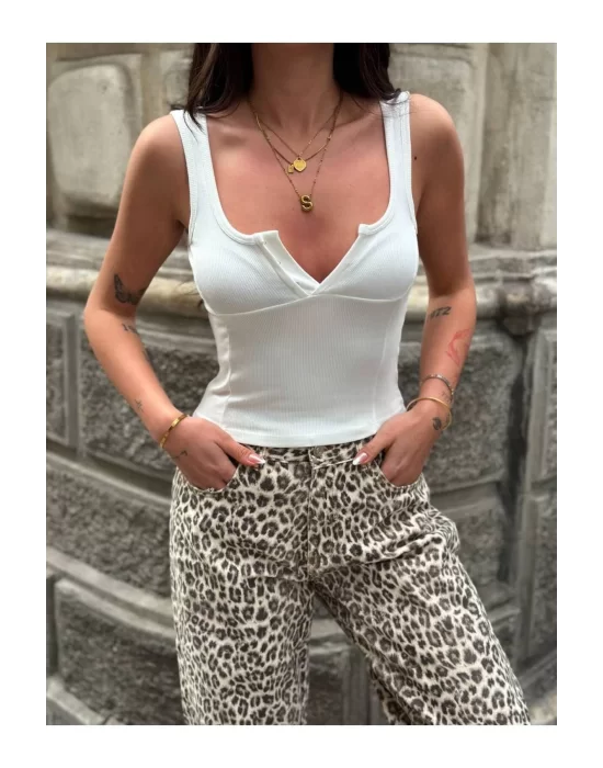 Pamuklu Kaşkorse Kumaş V Yaka Crop Atlet – Kadın Yazlık Fit Kolsuz Bluz