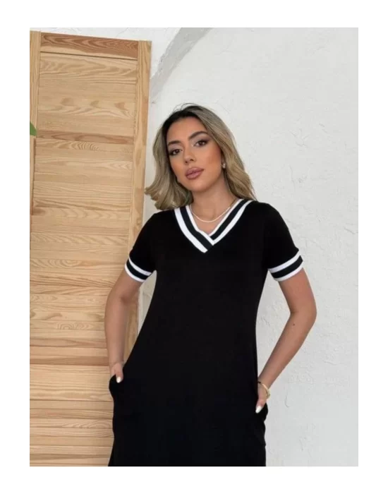 Siyah V Yaka Çizgi Detaylı Viskon Elbise – Cepli, Rahat Kesim, Günlük Şıklık