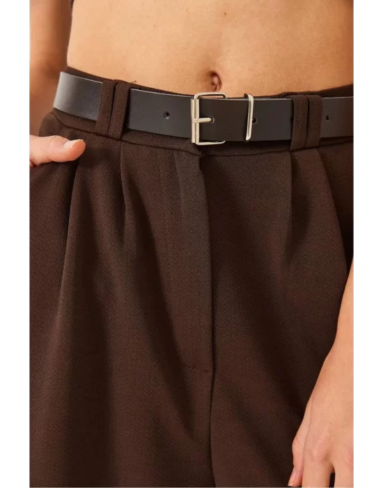 Kadın Yüksek Bel Oversize Bol Kesim Pileli Kemerli Palazzo İthal Krep Kumaş Pantolon,
