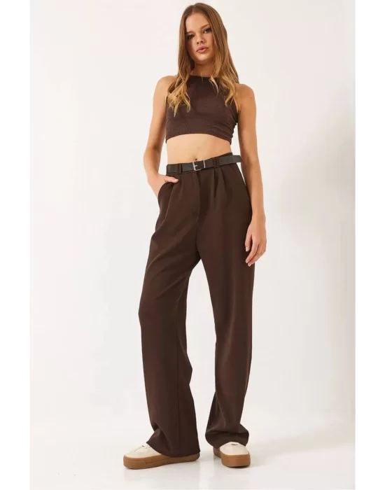 Kadın Yüksek Bel Oversize Bol Kesim Pileli Kemerli Palazzo İthal Krep Kumaş Pantolon,