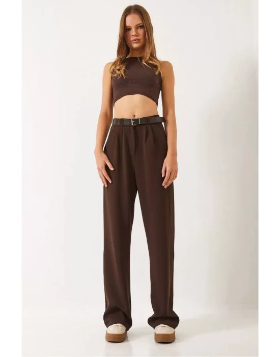 Kadın Yüksek Bel Oversize Bol Kesim Pileli Kemerli Palazzo İthal Krep Kumaş Pantolon,