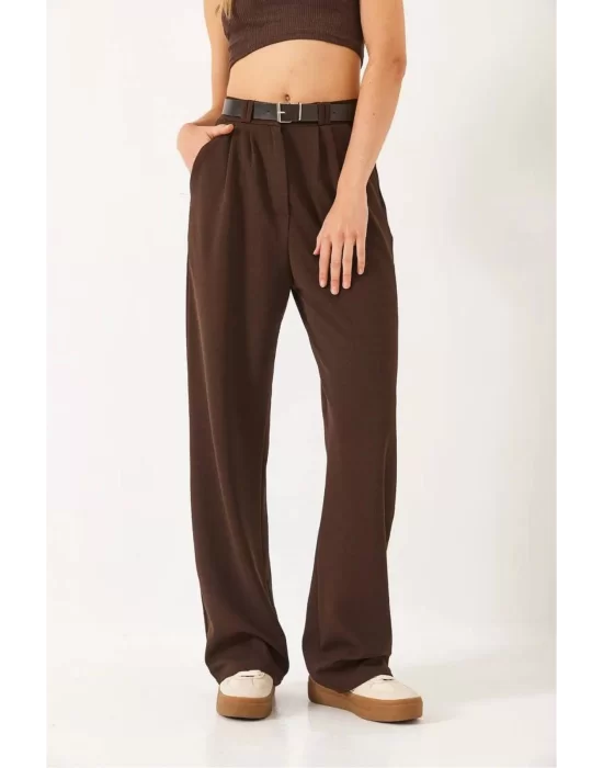 Kadın Yüksek Bel Oversize Bol Kesim Pileli Kemerli Palazzo İthal Krep Kumaş Pantolon,