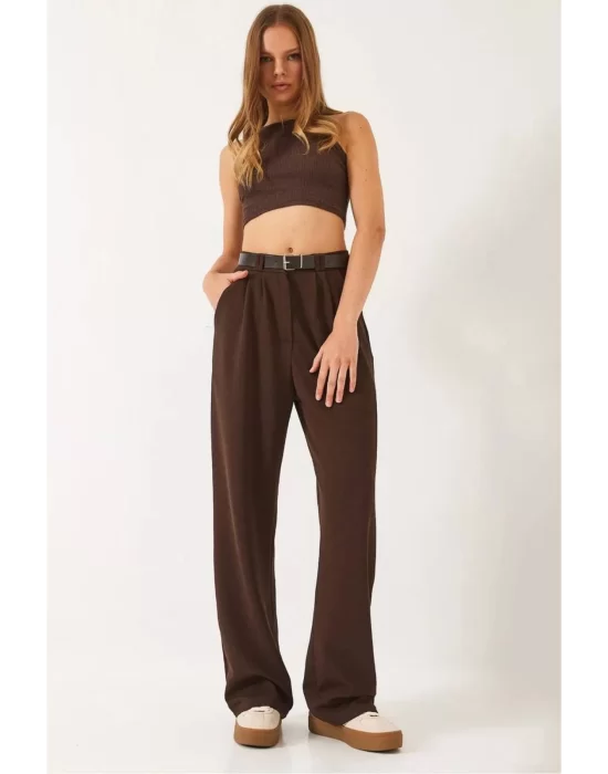 Kadın Yüksek Bel Oversize Bol Kesim Pileli Kemerli Palazzo İthal Krep Kumaş Pantolon,