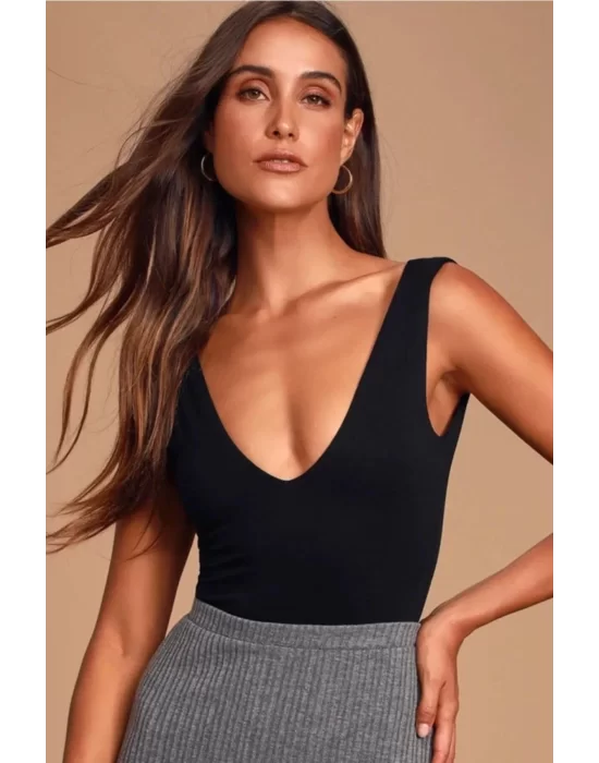 Kadın Siyah V Yaka Toparlayıcı Sırt Dekolte Sıfır Kol String Form Ipek Jarse Çıtçıtlı Bodysuit