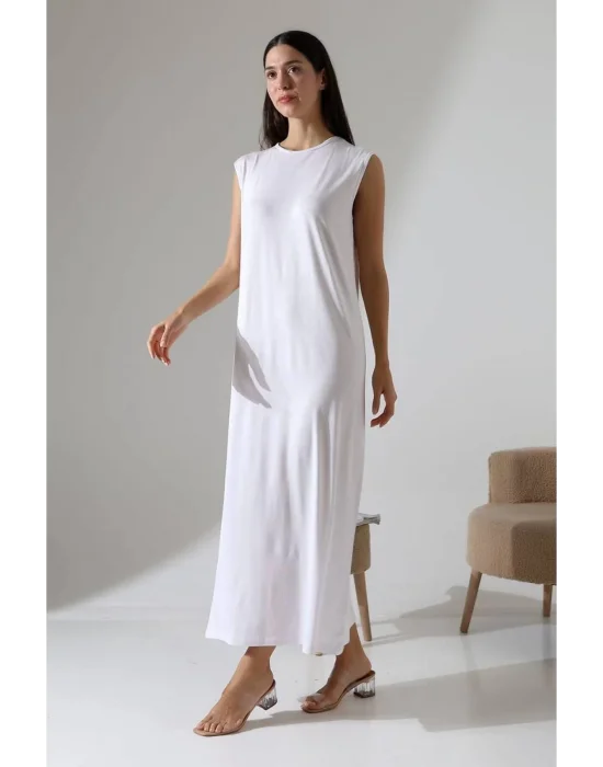 Kadın Beyaz Oversize Sıfır Kol Bisiklet Yaka Basic Günlük Uzun Içlik Tunik Viscon Kumaş
