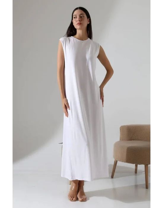 Kadın Beyaz Oversize Sıfır Kol Bisiklet Yaka Basic Günlük Uzun Içlik Tunik Viscon Kumaş