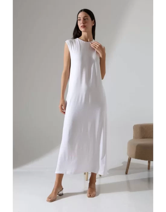 Kadın Beyaz Oversize Sıfır Kol Bisiklet Yaka Basic Günlük Uzun Içlik Tunik Viscon Kumaş