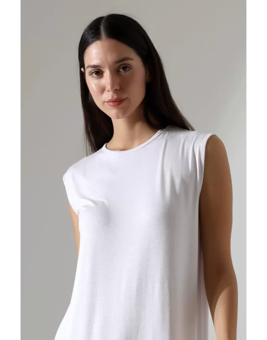 Kadın Beyaz Oversize Sıfır Kol Bisiklet Yaka Basic Günlük Uzun Içlik Tunik Viscon Kumaş